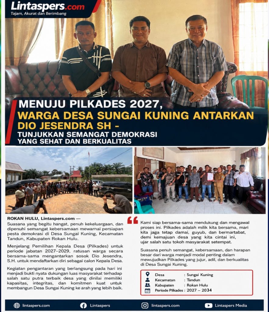 Ratusan warga Desa Sungai Kuning antarkan Dio Jesendra S.H. mendaftar calon Kepala Desa periode 2027–2034 — Kecamatan Tandun, Kabupaten Rokan Hulu, Senin 31 Agustus 2026