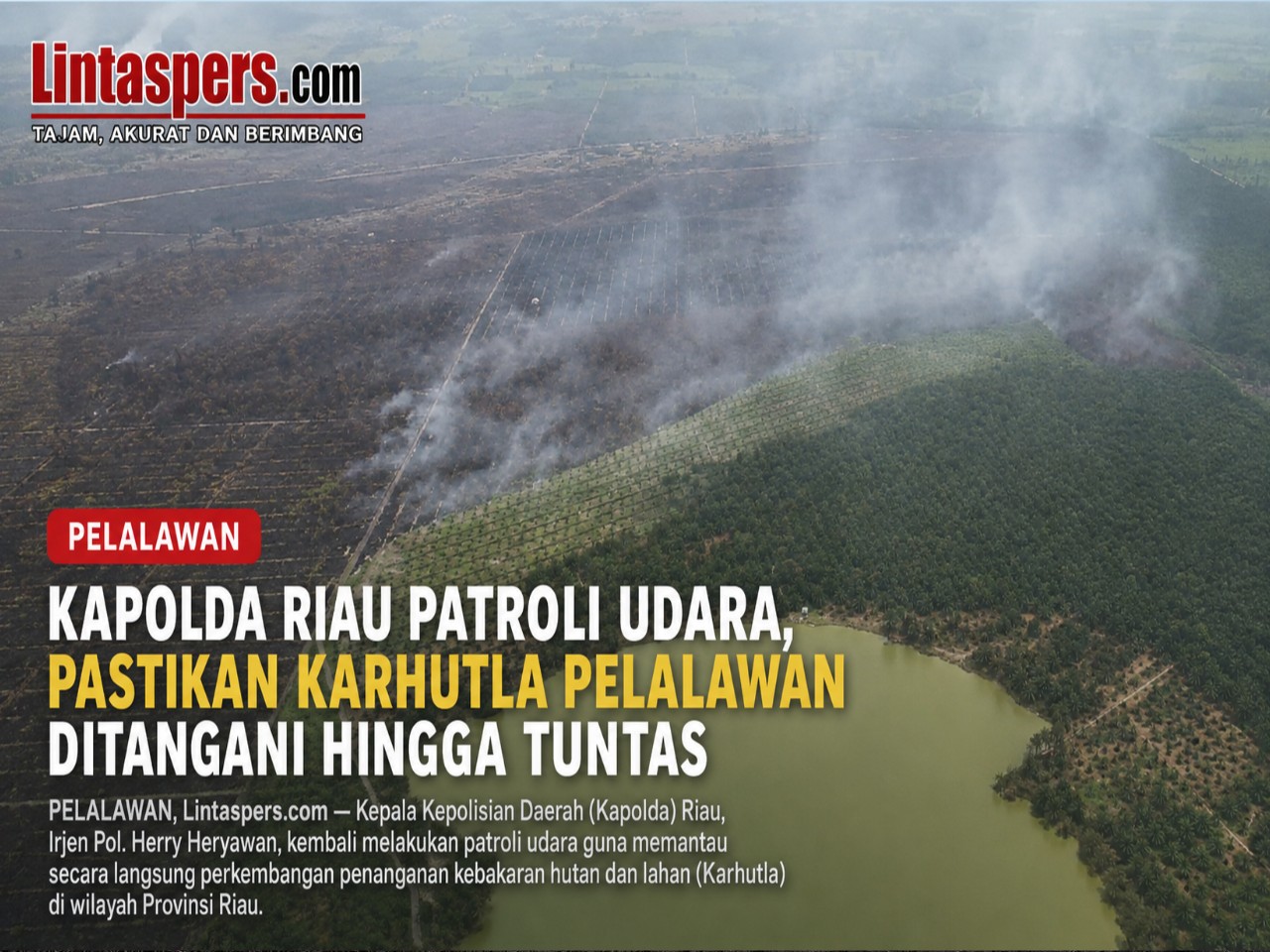 Pemandangan udara area kebakaran hutan dan lahan di Pelalawan — Kapolda Riau Irjen Pol Herry Heryawan patroli udara pastikan Karhutla ditangani tuntas, 31 Agustus 2026