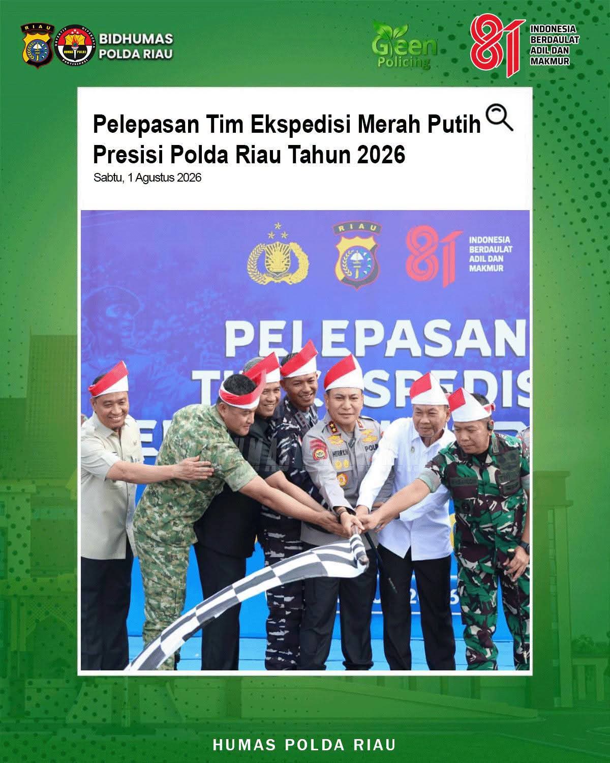 Dokumentasi utama memperlihatkan momen erat di mana Kapolda Riau didampingi oleh unsur TNI, perwakilan pemerintah provinsi, serta tokoh agama yang secara bersama-sama memegang tongkat bendera pelepasan armada.