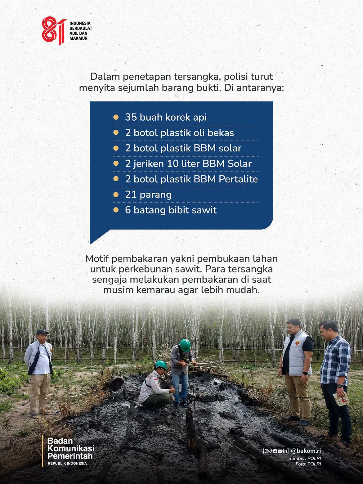 Barang Bukti Disita Polri dari Kasus Pembakaran Lahan untuk Perkebunan Sawit — 35 Korek Api, BBM Solar, 21 Parang, dan 6 Bibit Sawit