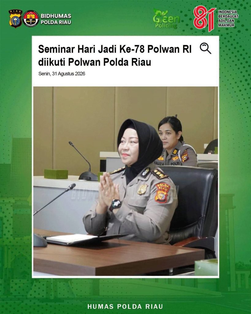 Polwan Polda Riau mengikuti seminar kesehatan mental dalam rangka Hari Jadi Polwan ke-78 — Ruang Vicon Polda Riau, Senin 31 Agustus 2026