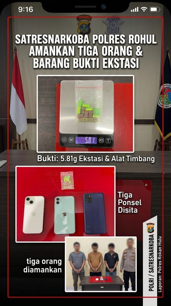 Barang bukti ekstasi dan tiga unit ponsel diamankan Satresnarkoba Polres Rohul di Desa Bangun Jaya