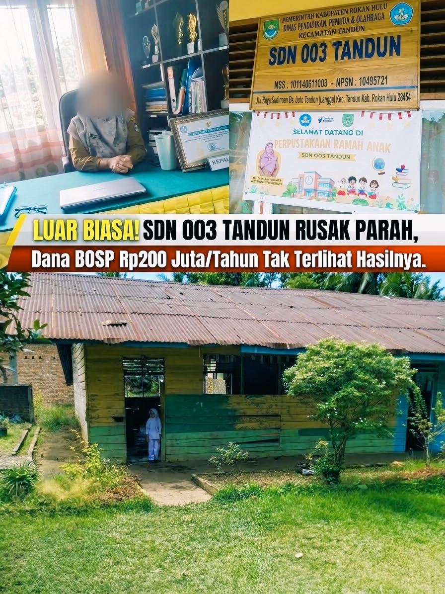 Plafon dan meubelair rusak di ruang kelas SDN 003 Tandun, Kecamatan Tandun, Kabupaten Rokan Hulu, 26 Oktober 2026